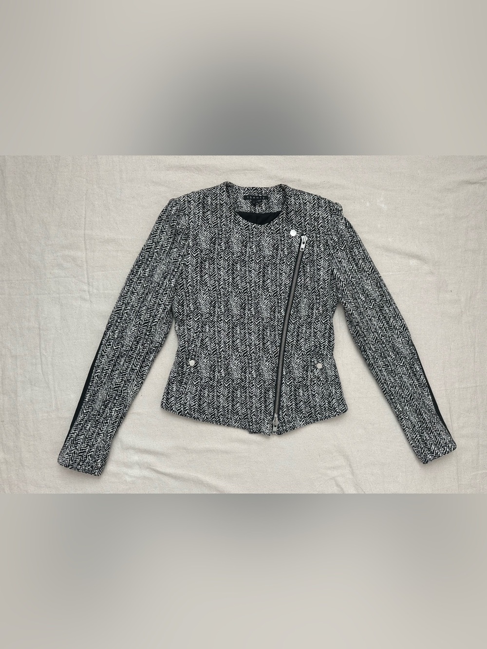 Theory Joean Herringbone Tweed Goat Leather Sleeve Asymmetric Moto Jacket 4 - Picture 2 of 14